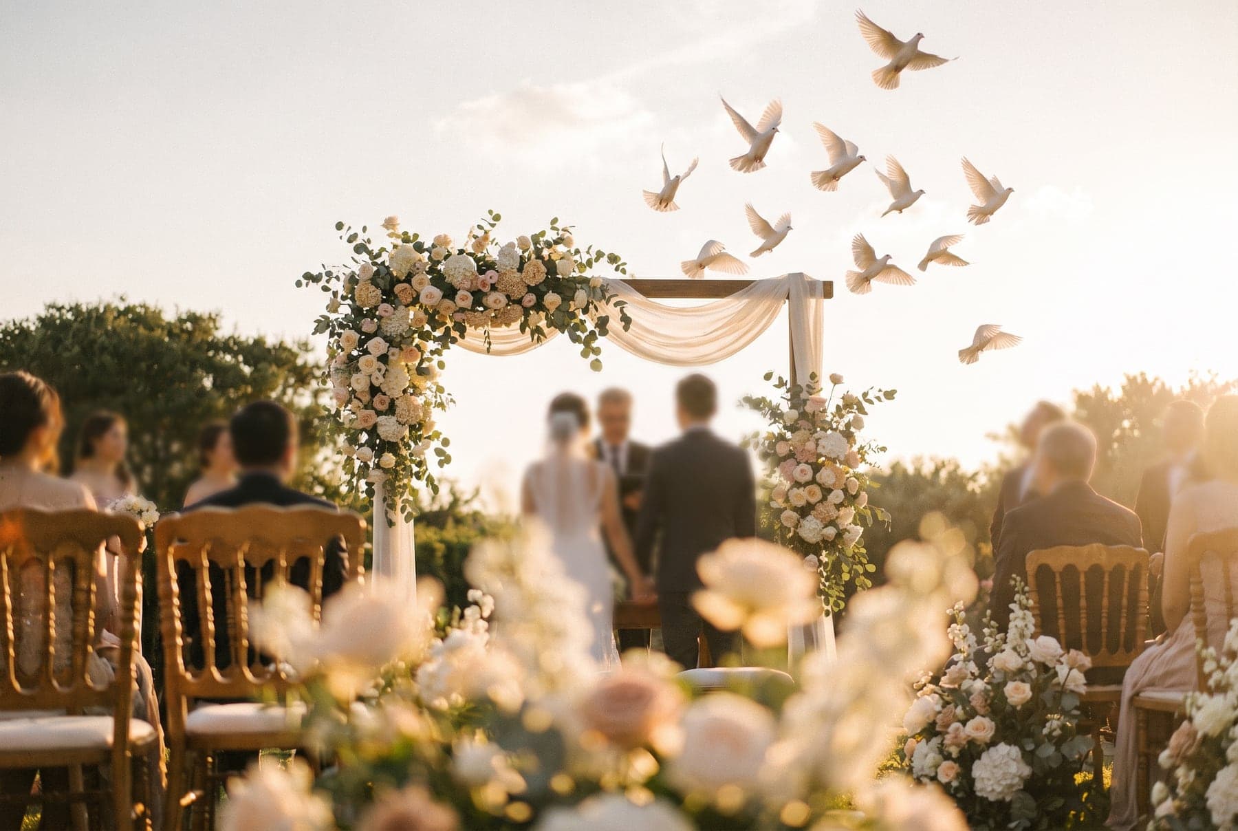 White doves lifting into a golden sky above a wedding ceremony